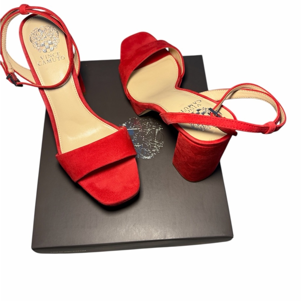 Vince Camuto Chastin Razz Red Suede Block Platform Heel Sandals | Size 10 | - Picture 2 of 8